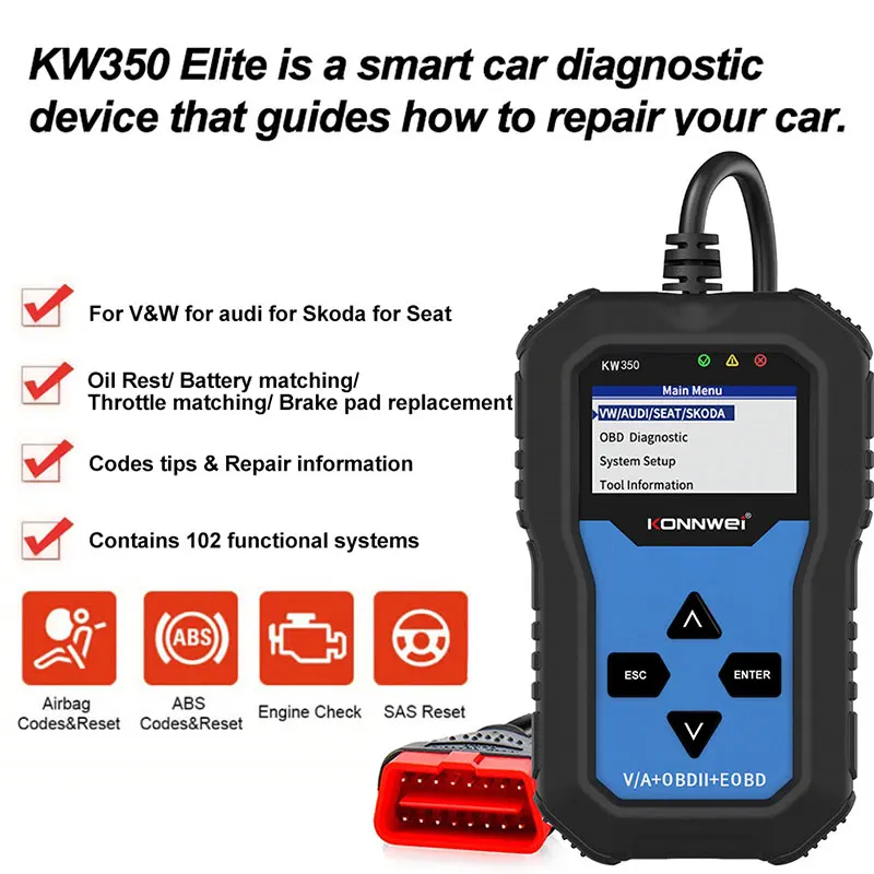 KONNWEI KW350 OBD2 Car Code Reader Scanner Auto Diagnostic Tools for VAG Full System ABS Airbag Oil Light Reset EPB