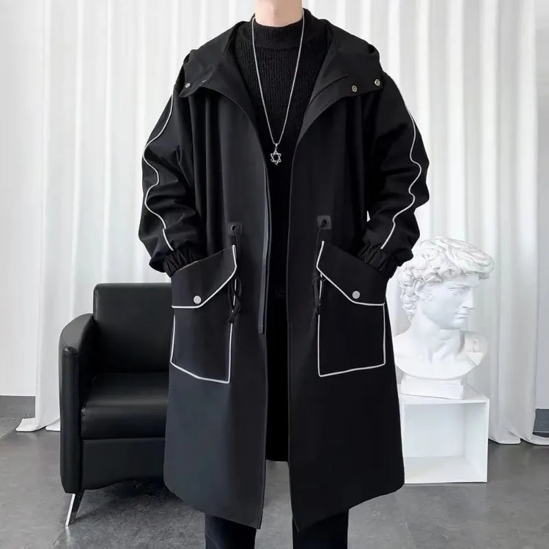Autumn and Winter New Windbreaker Men's Mid Length Over Knee Hooded Coat Korean Loose Cloak Warm Coats Mens Jacket