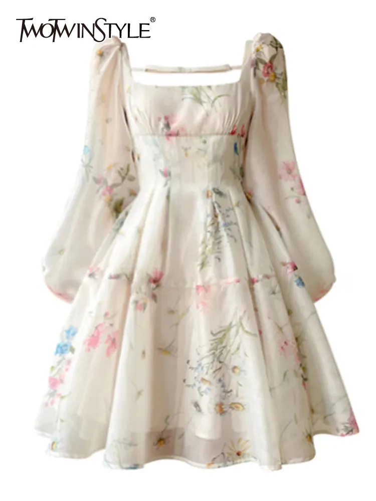 

TWOTWINSTYLE Hit Color Print Dresses For Women Square Collar Long Sleeve High Waist Folds Elegant Dress Female Fashion 2023 New