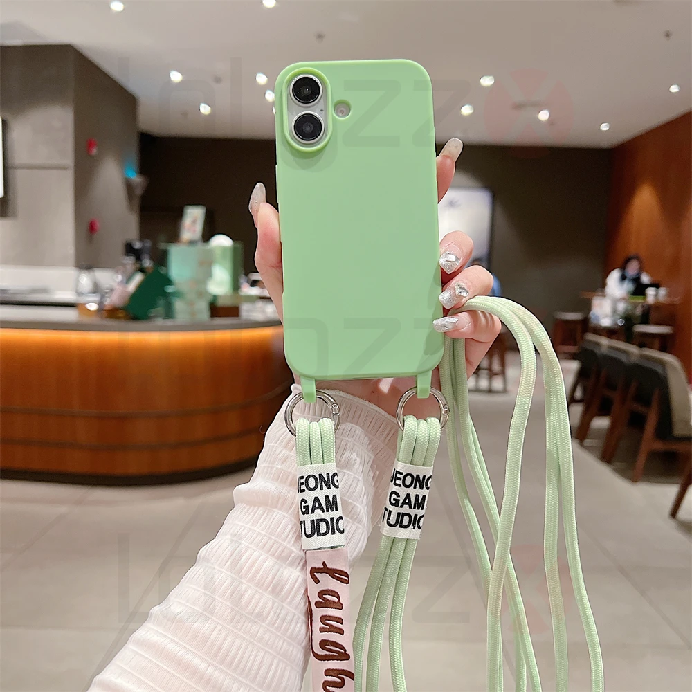 Crossbody Necklace Strap Cord Matte Soft Phone Case For iPhone 16 15 Pro Max 14 Plus 13 12 11 Liquid Silicone Shockproof Cover_voghion.com
