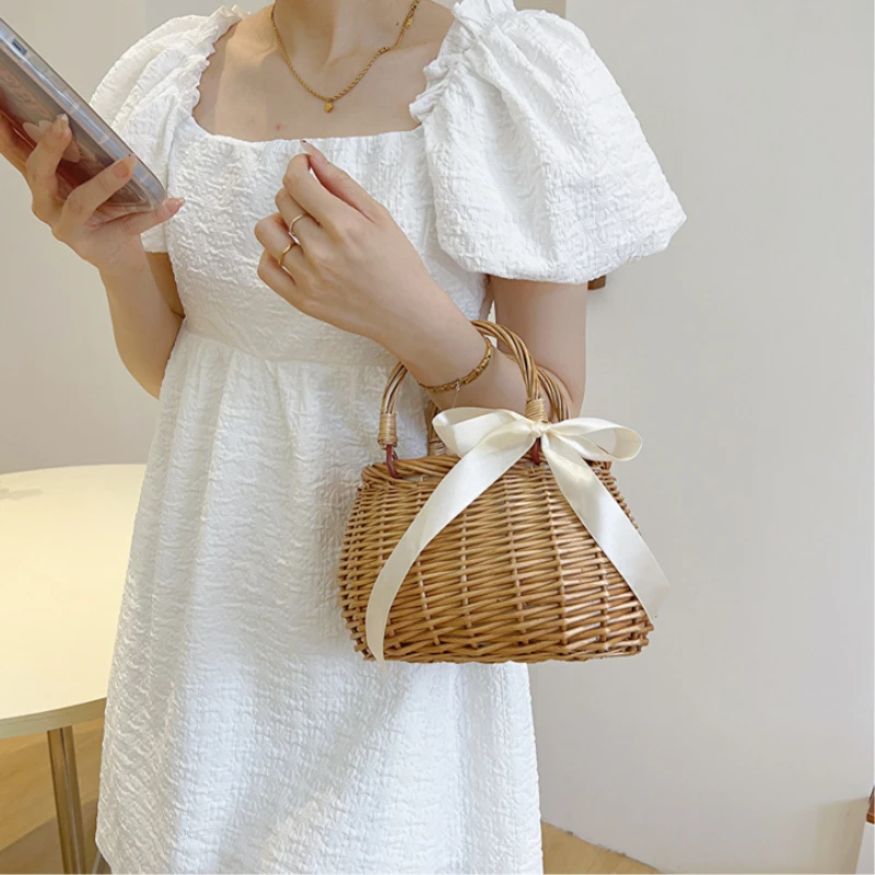 Summer Straw Basket Tote Bags for Women Rattan Woven Wallet Handbags Ladies Beach String Holiday Bucket Hand Bag