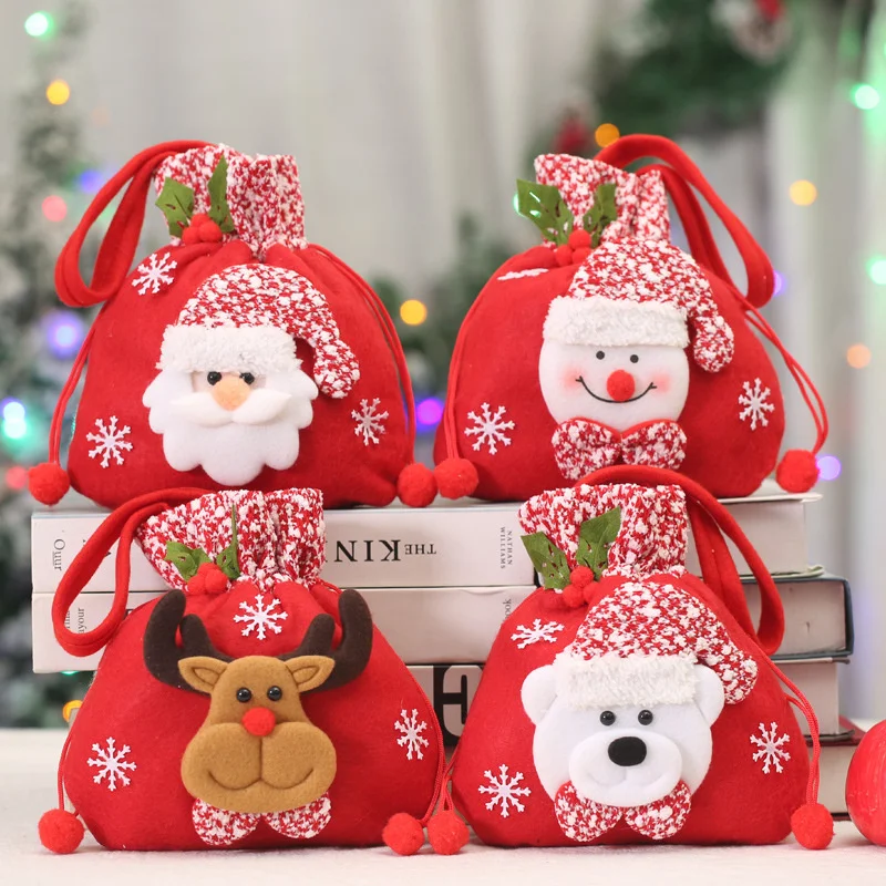 

New Christmas Santa Sack Children Xmas Gifts Candy Stocking Bag Exquisite Santa Claus Printed Linen Christmas Candy Bag