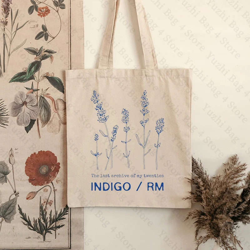 Indigo RM Pattern Tote Bag Fashion Music Album Canvas Shopping Bags Kpop Fan Gift Shoulder Bags Kim Namjoon Bags Kpop Flower Bag