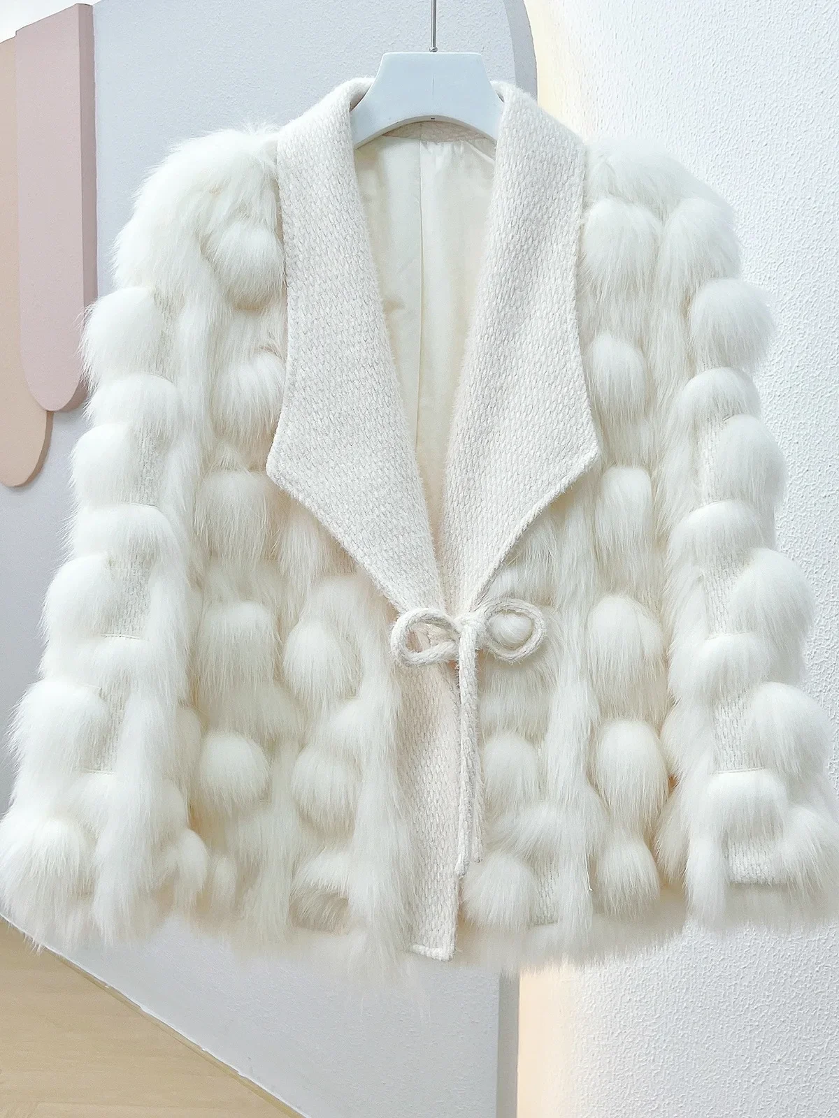White Fox Back Coat Lace Up Womens Clothes Winter Design Sense Raccoon Dog Fur Knitting Young Thick Warm Fur Sexy Club Outerwear