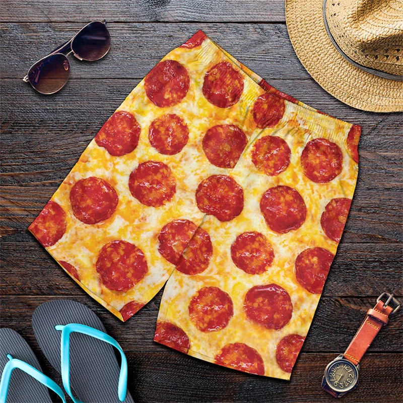 Funny Pizza Pattern Beach Shorts Men 3D Printing Pizza Board Shorts Swimsuit Summer Quick Drying Ice Sportwear GYM