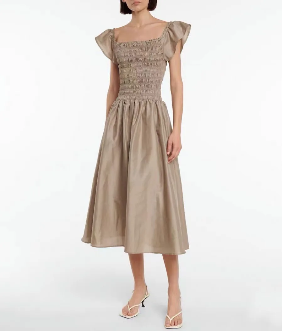 

Designer 2024 New Women Summer Spring Dress Square Collar Flying Sleeves Pleated Solid Color Vintage High Quality Fashion Brand