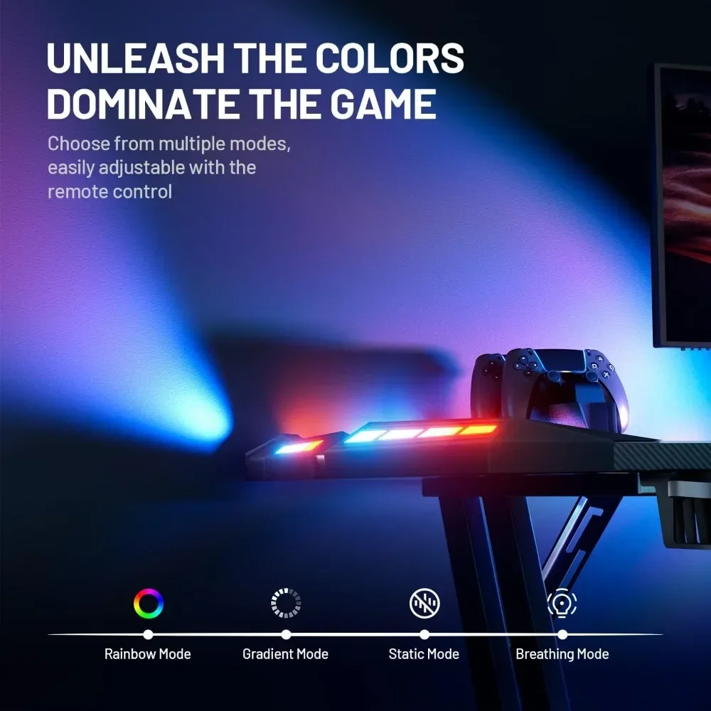 47 Inch Gaming Desk with LED Lights Carbon Fibre Surface Gaming Table Large Computer Desk Ergonomic Home Office Desks Z Shaped