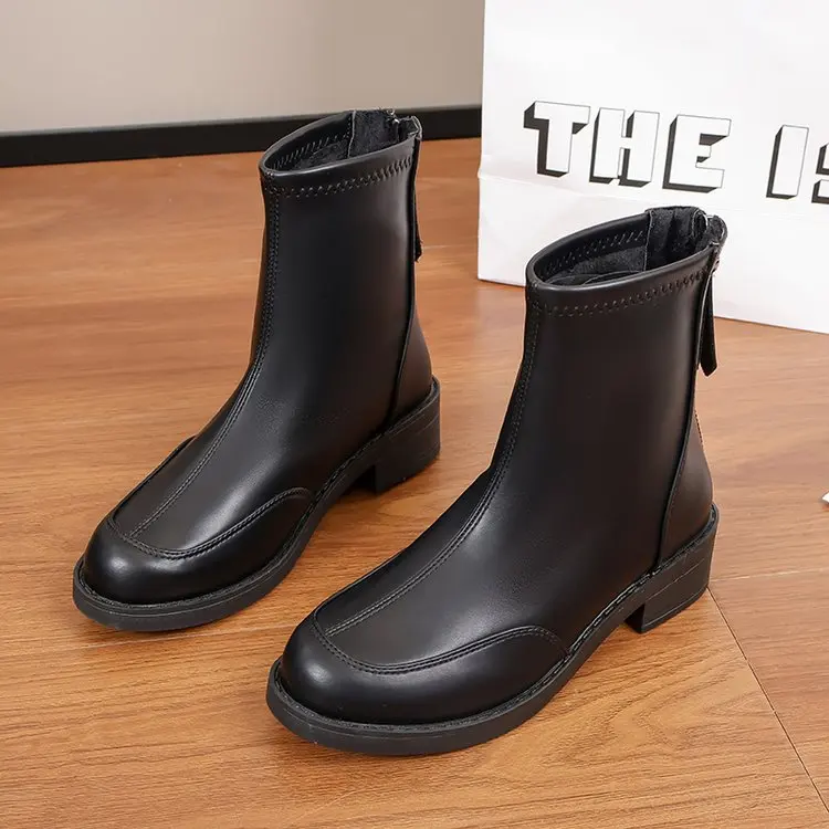 

Женские ботинки, лидер продаж 2023, женская обувь на молнии, зимние однотонные лаконичные короткие ботинки на массивном каблуке с круглым носком, модные ботинки без каблука