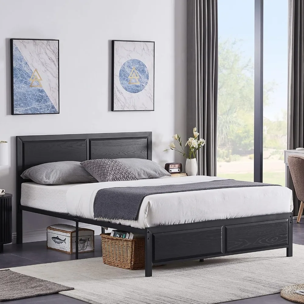 

Platform Bed Frame with Black Wood Headboard, Mattress Foundation, Strong Metal Slats Support, No Box Spring Needed