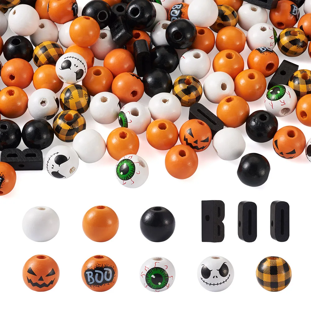 

116pcs Round Large Hole Beads Natural Wooden Beads Halloween Pumpkin Word BOO Beads For DIY Jewelry Making Crafts Decorations