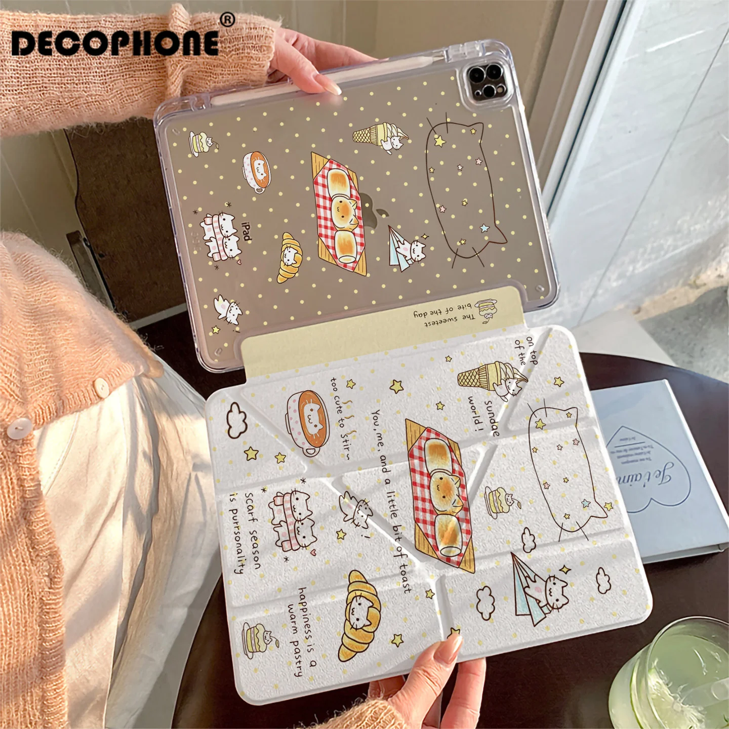 Yellow Polka Dot Star Cat Bread Tablet Case 3+Y-fold