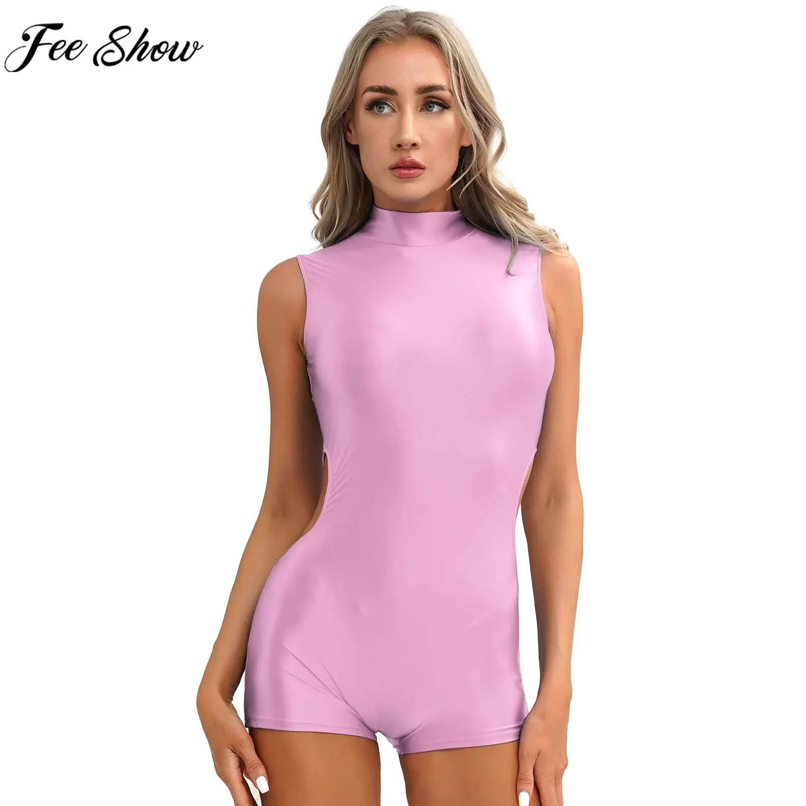 

Women One-piece Swimwear Sleeveless Stretchy Glossy Cutout Zipper Tight Bodysuit Swimsuit for Beach Pool Bathing Fitness Workout