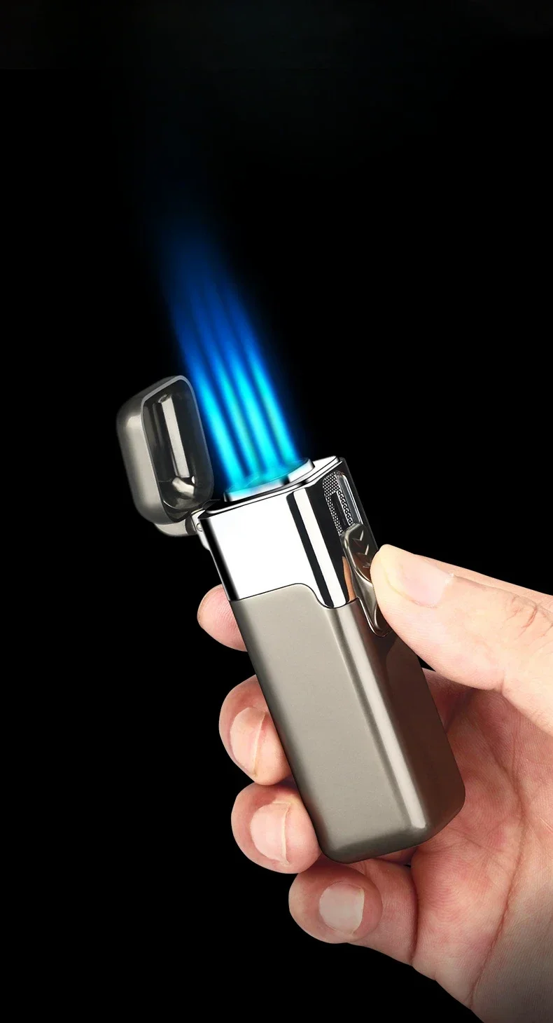 Description Picture 5 of itemCreative Strong Firepower Butane Gas Lighter Turbo 4 Torch Blue Flame High Pressure Jet Straight Cycle Cigar Lighter Men's Gift