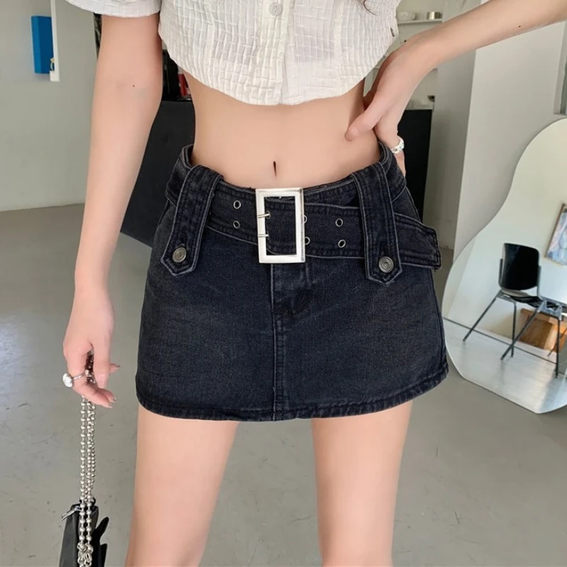 

HOUZHOU Sexy Punk Denim Micro Skirt Women Y2K Skort Summer Korean Belt Low Waist Slim Black Jeans Skirt Shorts Egirl Streetwear