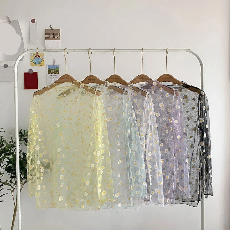 Women Sexy Daisy Mesh See Through T Shirt Cute Flower Pattern Crop Top Long Sleeve Beach Cover Transparent T Shirt Tops