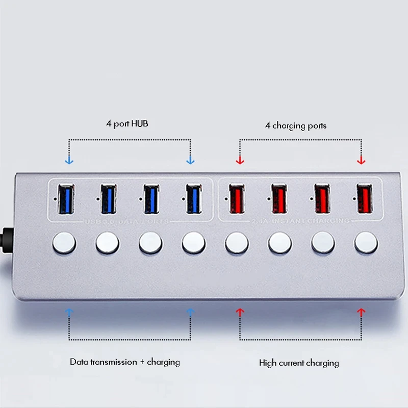 Powered Usb Hub 3.0 8-port Splitter Uma Porta de Carregamento Inteligente Individual on Off Switches 5v 3a Adaptador de Alimentação de Extensão - Imagem 3