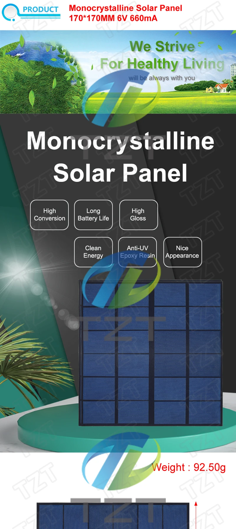 TZT 6V 660mA 4W Solarpanel Polykristalline 170*170MM Mini Sunpower Solar System DIY für Batterie Handy Ladegerät – Detail 1