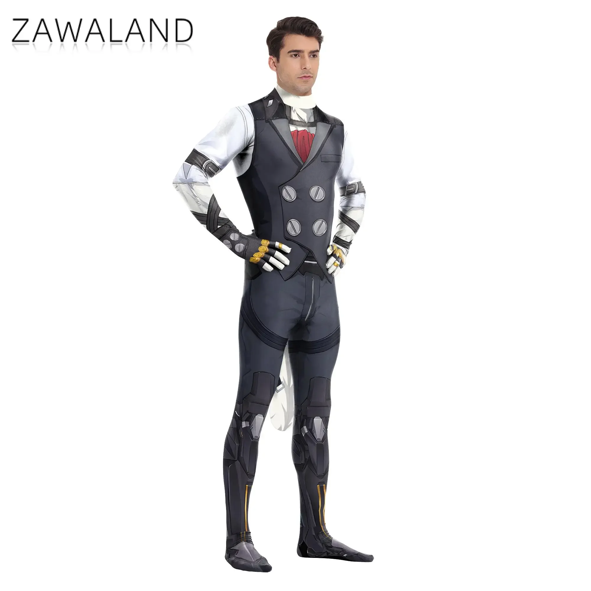 Zawaland Cosplay Lecarn Game Character with Tail Jumpsuit Men Carnival Funny Anime Costume Adult Zentai Bodysuit Fancy Catsuit