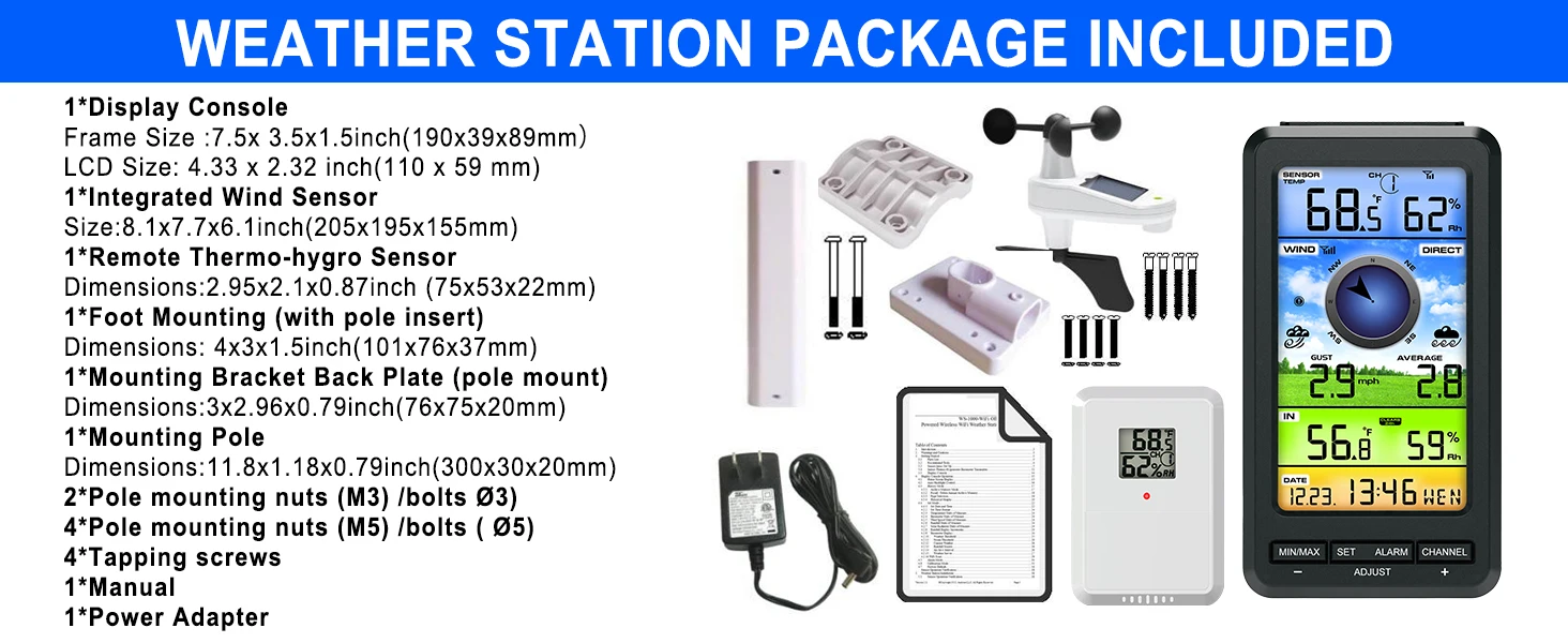 Weather Station Wireless Indoor Outdoor with Remote Sensor with Wind Speed/Direc