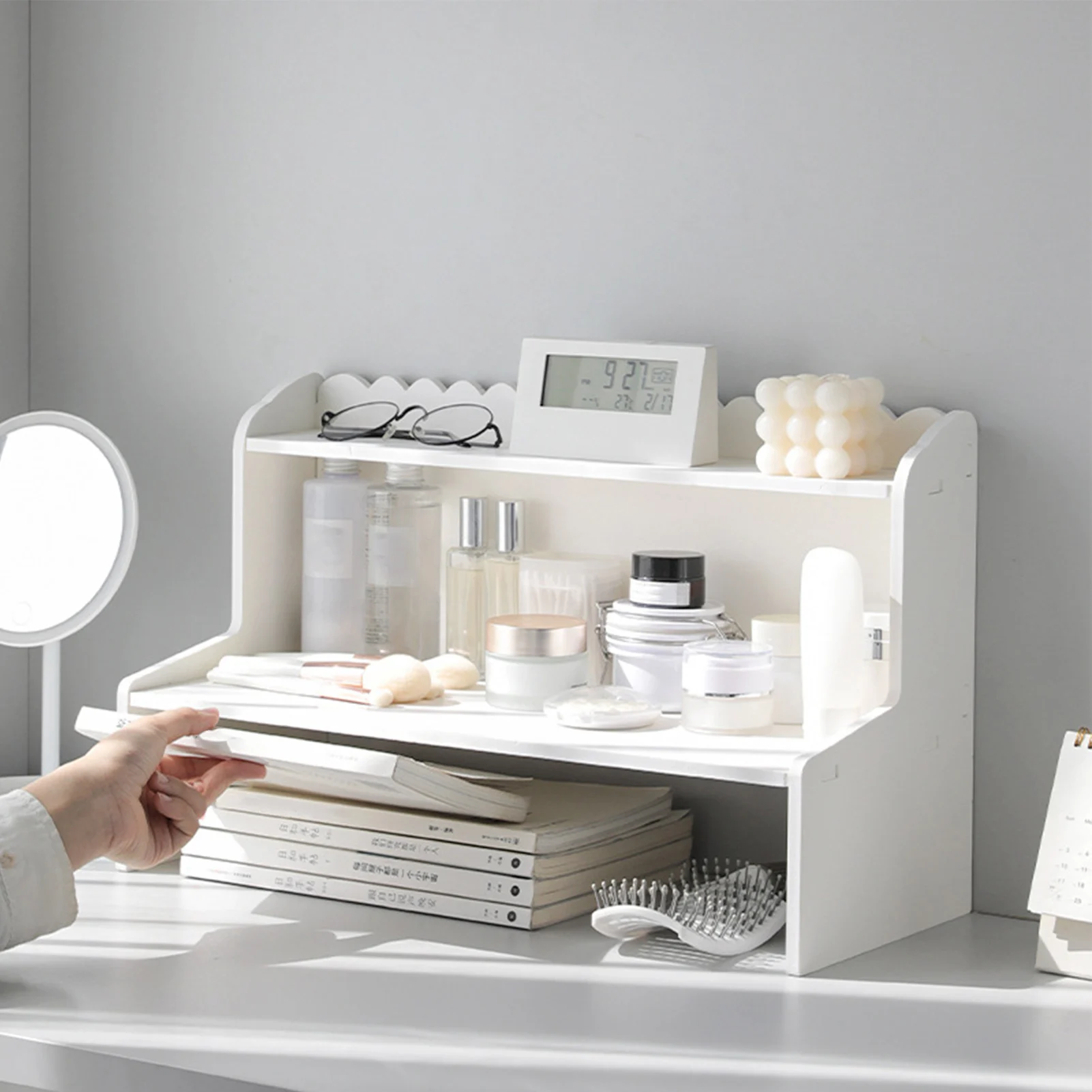 Cosmetics Storage Organizer: Multi-Layer Desktop Wood Display & Mini Bookshelf