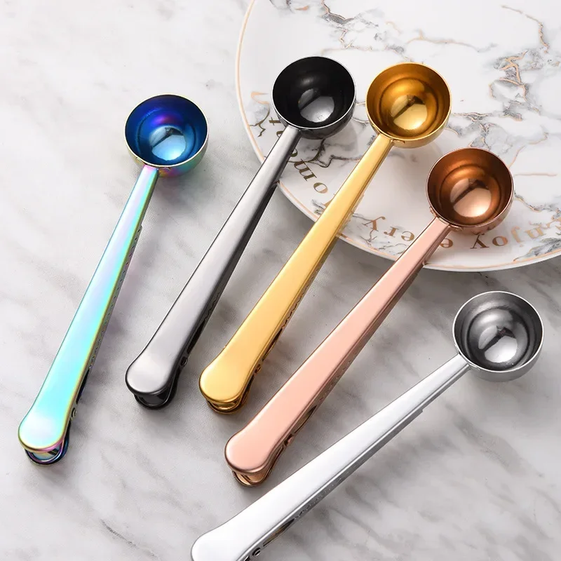 Two-in-one Stainless Steel Coffee Spoon Seal Clip Kitchen Coffee Scoop Food Seal Clip Multi-function Coffee Bean Measuring Spoon