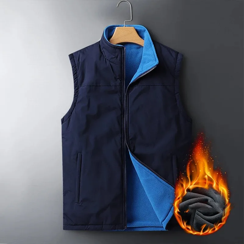 Men's Autumn Winter Solid Flocking Plush Thick Sleeveless Pockets Zipper Cardigan Coats Vests Casual Loose Office Lady Tops 2023 autumn cotton linen women s short rompers black sleeveless pockets loose rompers female casual trendy elegant lady clothes