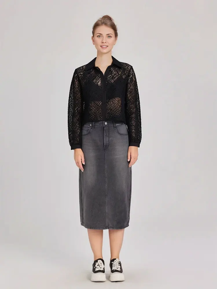 HH Women Fashion Translucent Lace Blouse Single Breasted Lapel Hollow Out Long Sleeve Shirt Summer Lady Sexy Solid Tops