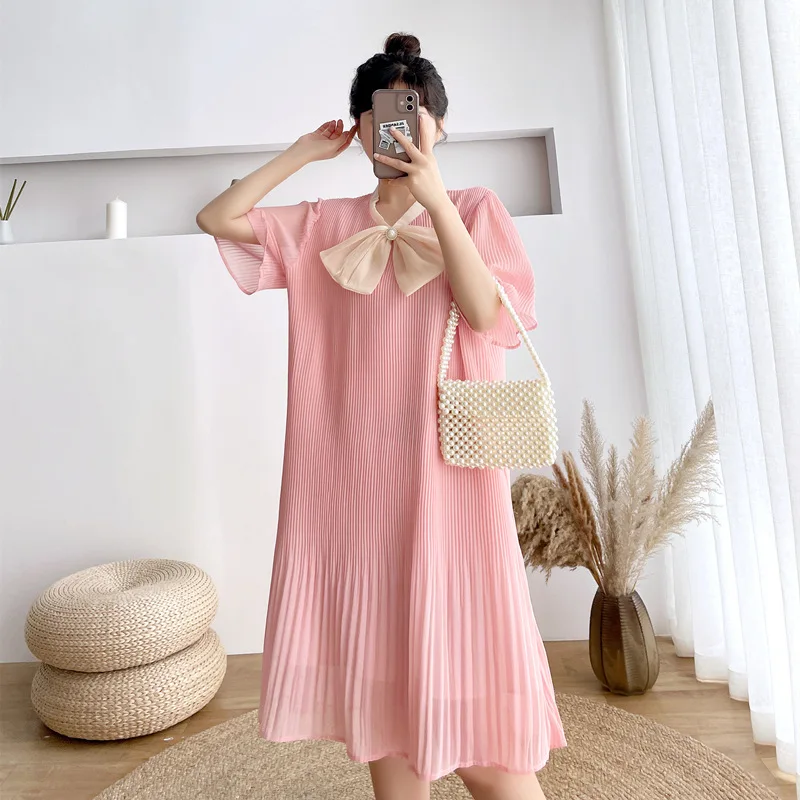 Bow Pleated Chiffon Maternity Dress Solid V-Neck Knee-Length Drape Mesh Vestidos High Quality Loose Clothes for Pregnant Women