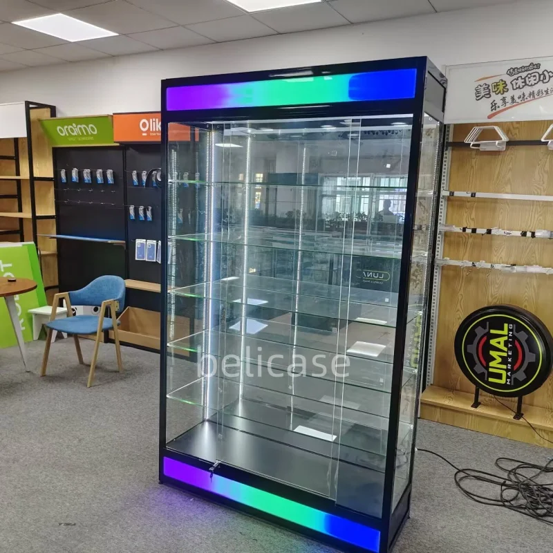

Custom, glass display cases with colored LED light aluminum frame vitrinas show retail smoke store showcase furni