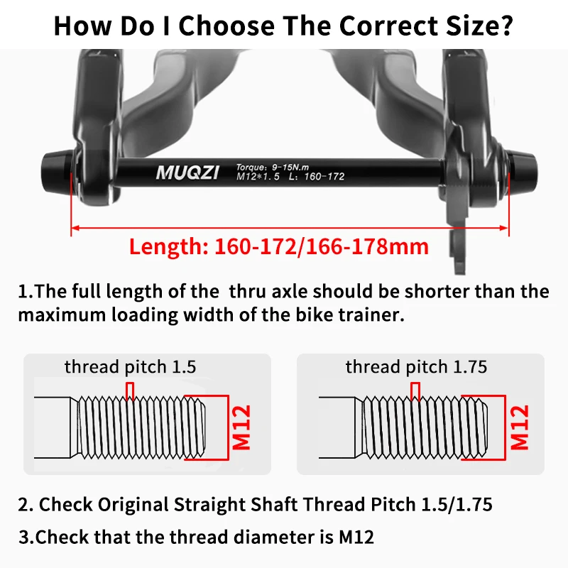 MUQZI 트레이너 스루 액슬 어댑터 M12 x 1.5/1.75 스레드 160-172mm 166-178mm 샤프트 자전거 바퀴 퀵 릴리스 꼬치