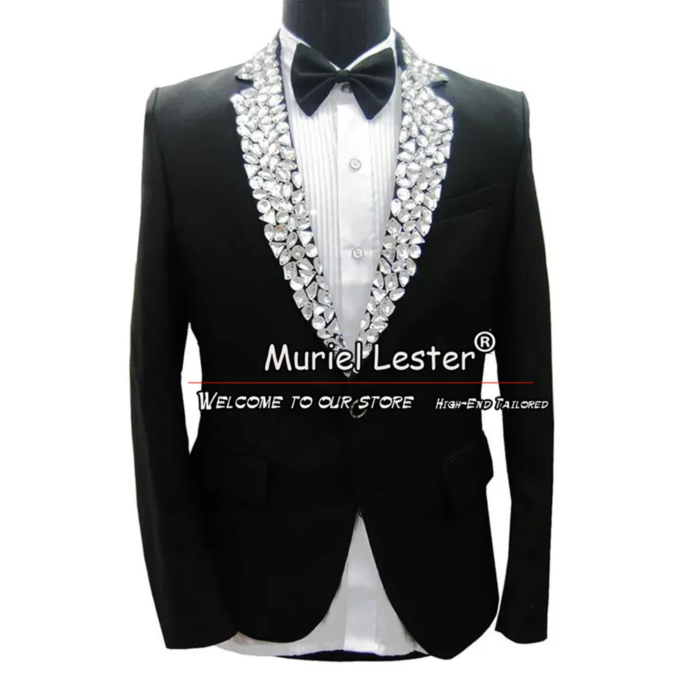 

Luxury Groom Wedding Suits Formal Sliver Crystals Beading Lapel Jacket Pants 2 Pieces Man Tuxedos Tailor Made Male Fashion Dress