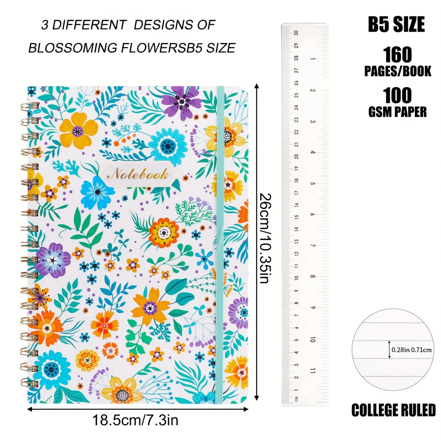 3 Pack Large B5 Spiral Notebooks, 160 Pages,100 GSM Paper, College Ruled, Hardcover, Cute Designs, Office & School Essentials