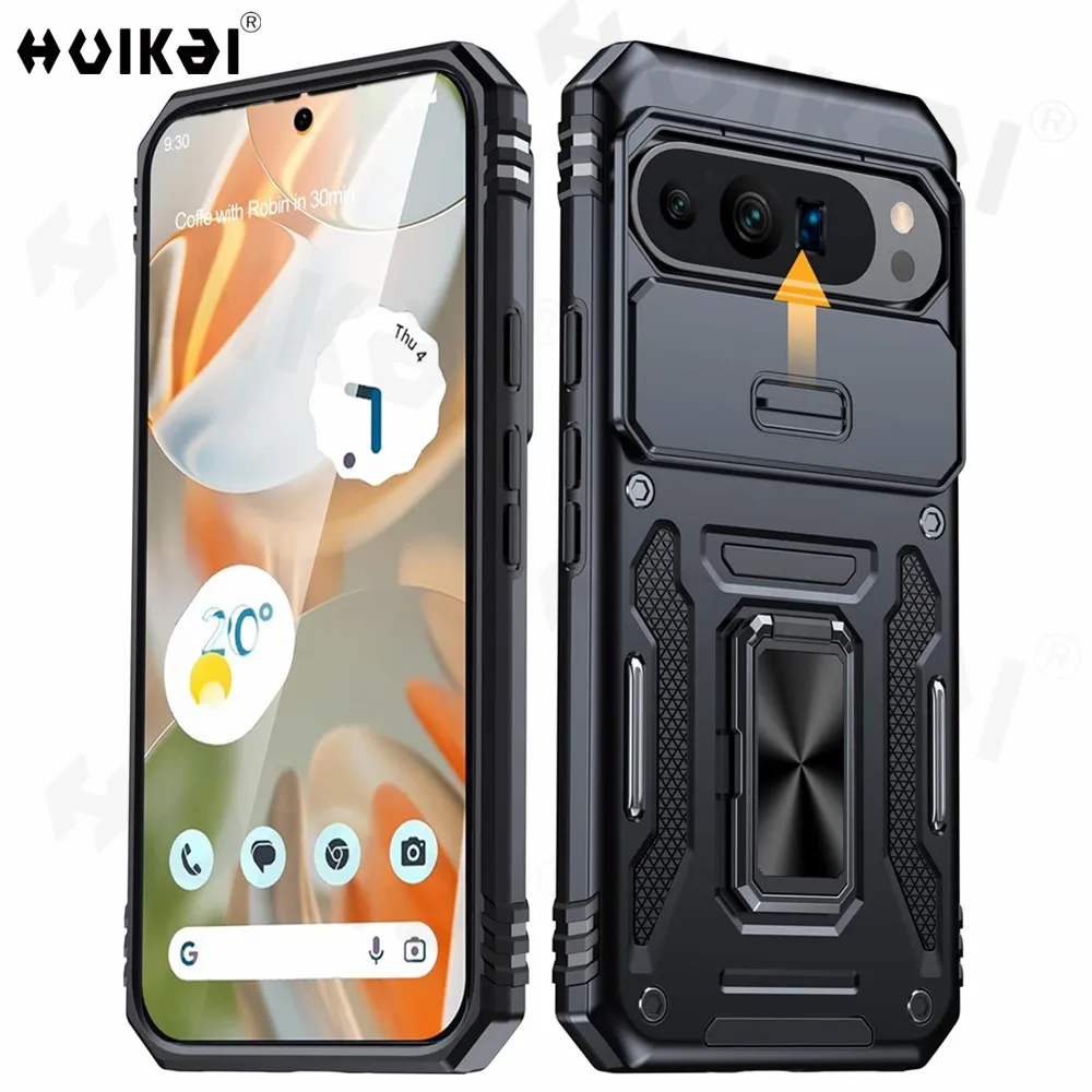 Rugged Military-Grade Shockproof Phone Case with Slide Lens Protection and Kickstand