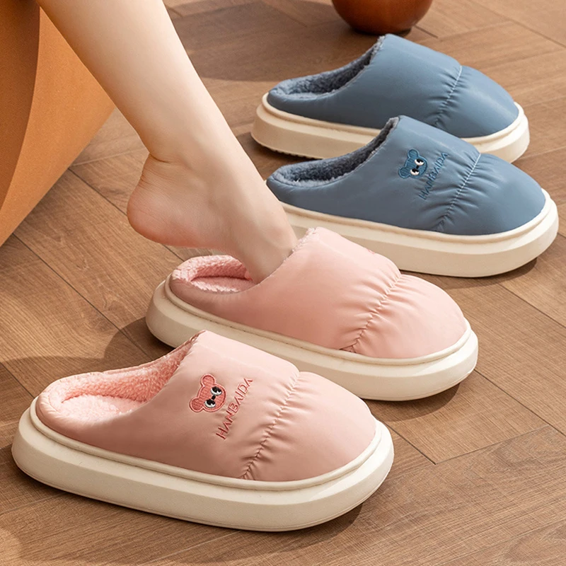 Autumn Winter Waterproof Home Cotton Slippers Women Anti Slip Soft Sole Plush Slides Woman Indoor Thick Sole Fluffy Slippers