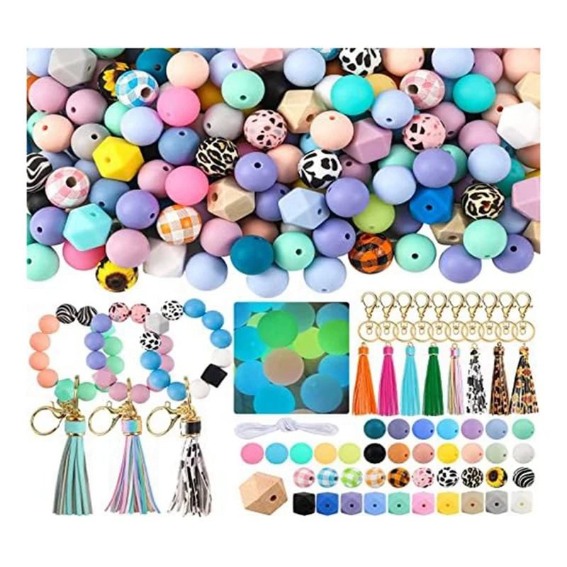 

221Pcs 15Mm 15Mm Bulk Silicone Rubber Keychain Beads With Tassels And Key Chain Accessories For DIY Keychain Making Supplies