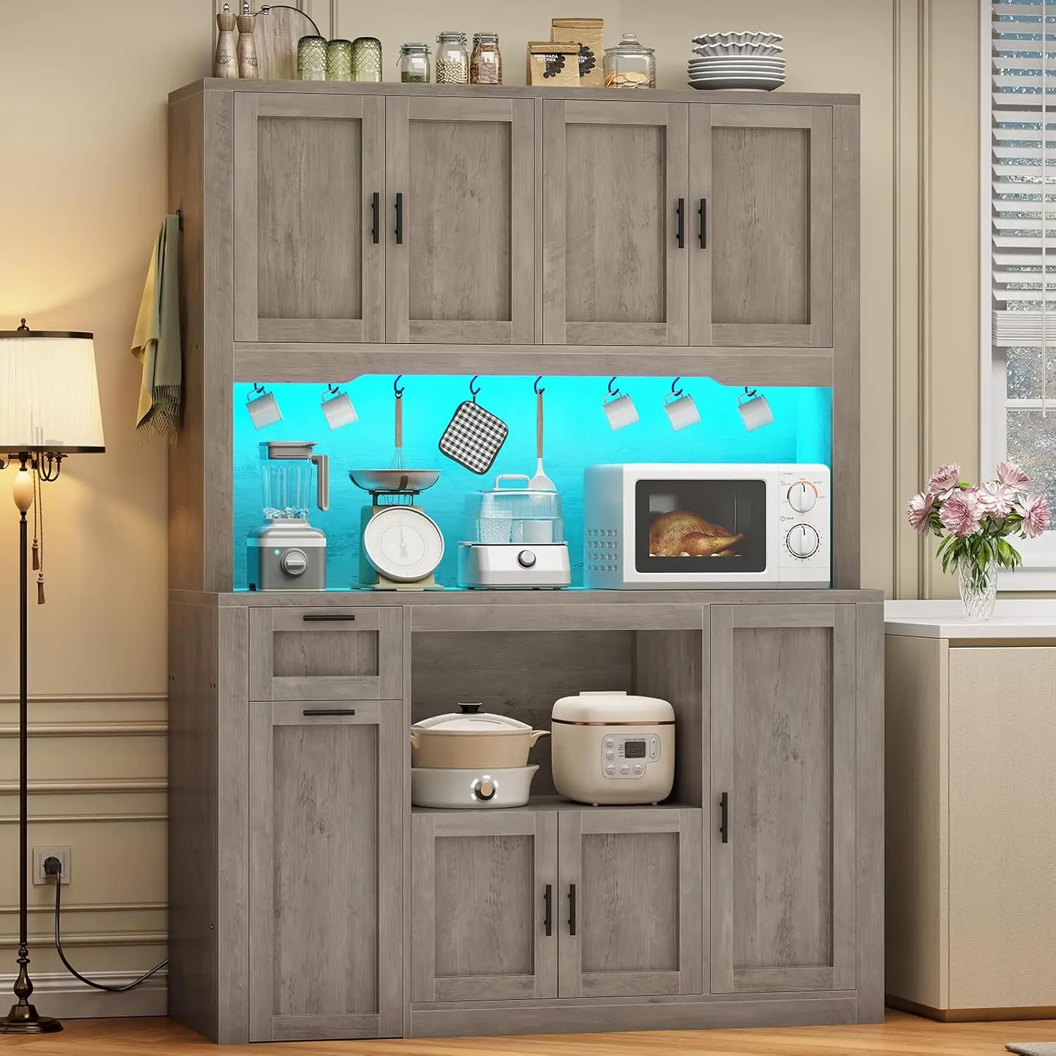 71 Inch Wide Pantry Cabinet with Charging Station And LED Light Kitchen Storage with Microwave Stand Design,Customized 1