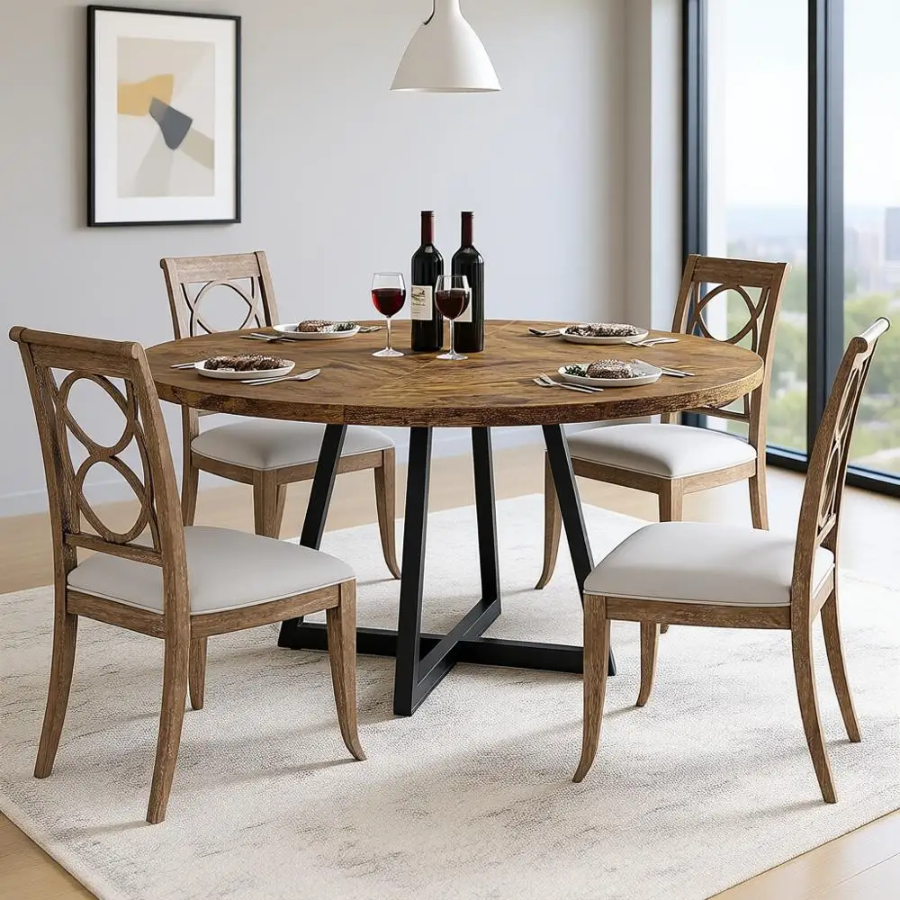 Rustic Brown 47 Inch Round Dining Table with Wooden Top and Metal Base for 4, Suitable for Kitchen or Living Room