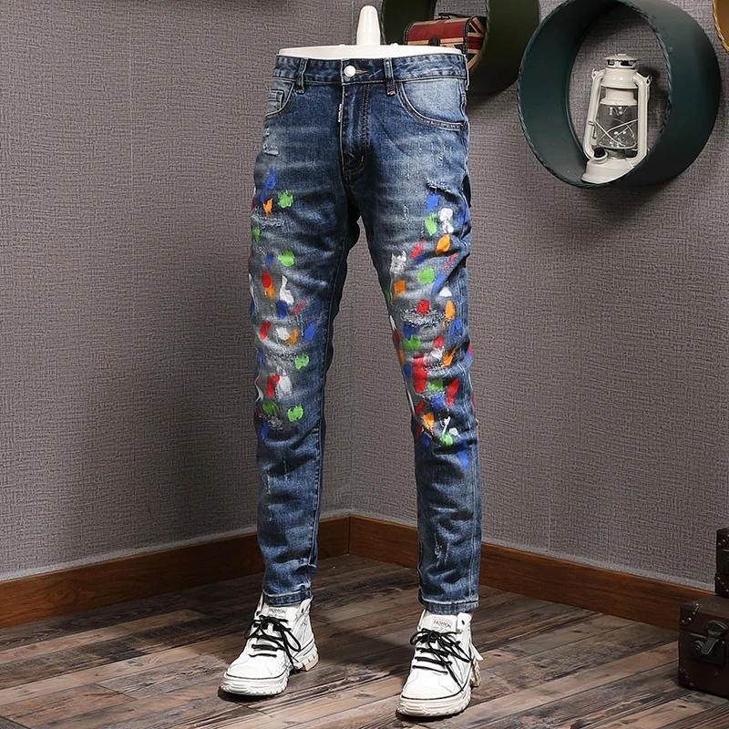 Fashion Streetwear Men Jeans Retro Blue Elastic Slim Fit Ripped Jeans Men Stretch Trousers Painted Designer Hip Hop Pants Hombre fashion streetwear men jeans retro blue elastic slim fit ripped punk trousers patchwork spliced designer hip hop biker pants