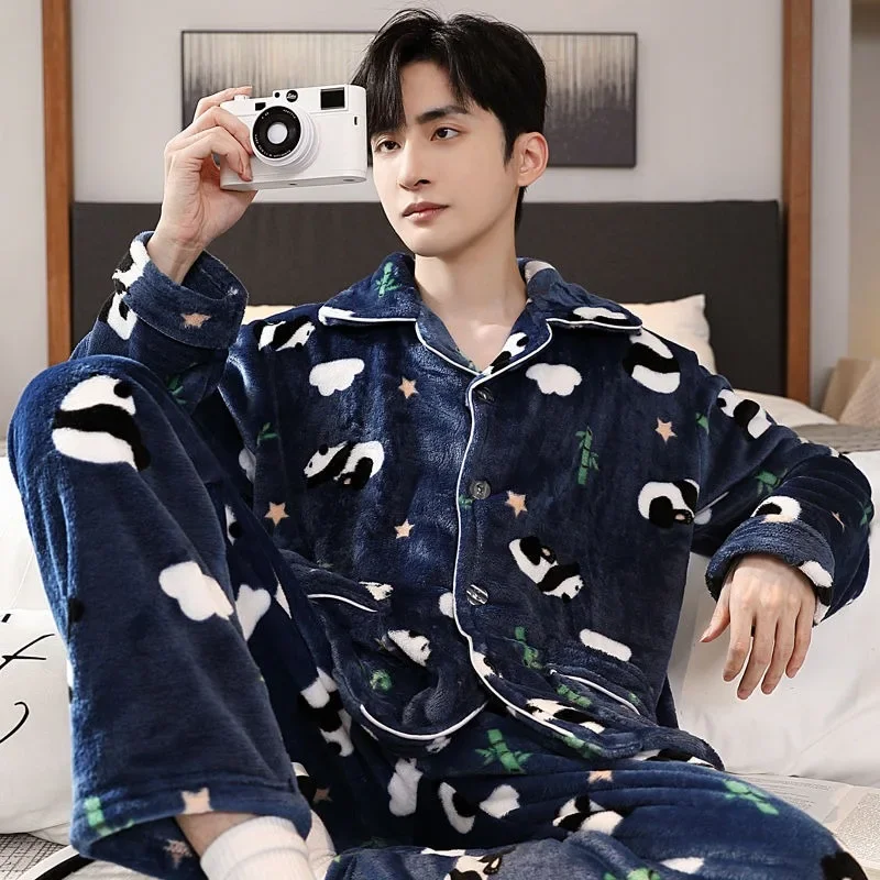 2024 New Pajamas Men Winter Plus Fleece Thick Sleepwear Flannel Warm Coral Velvet Homewear Plus Size V-neck Loungewear Suit