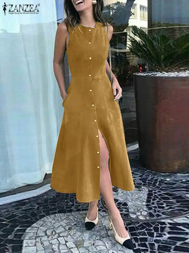 

ZANZEA Summer Casual Tank Dresses Sleeveless Fashion Button Up OL Dating Vestidos Round Neck Women Holiday Slit Hem Maxi Dress