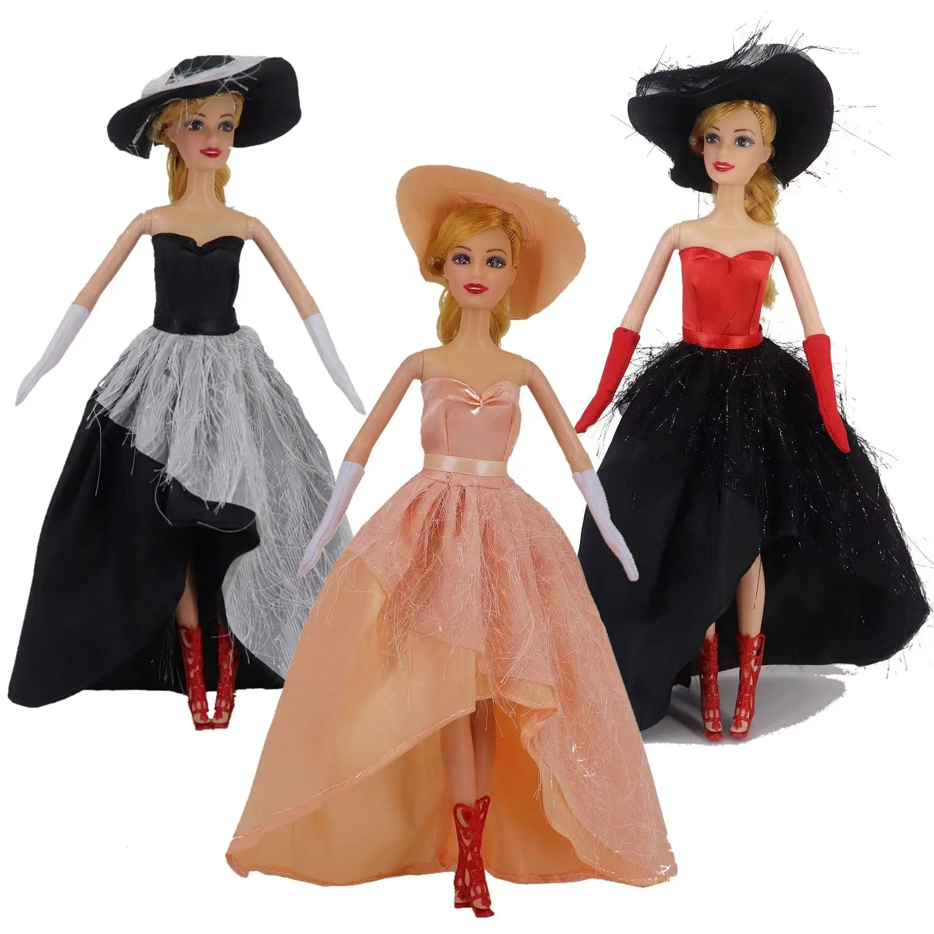 Moda 1/6 boneca roupas para barbie vestido chapéu luvas de festa à noite  vestido para