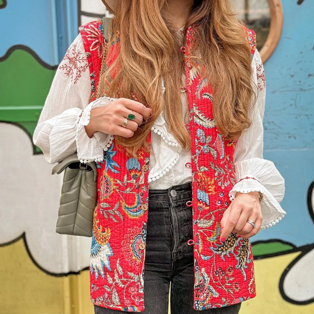 PB&ZA 2023 Autumn/Winter New Vintage Style Double Sided Printed Sleeveless Quilted Cotton Vest Coat 4