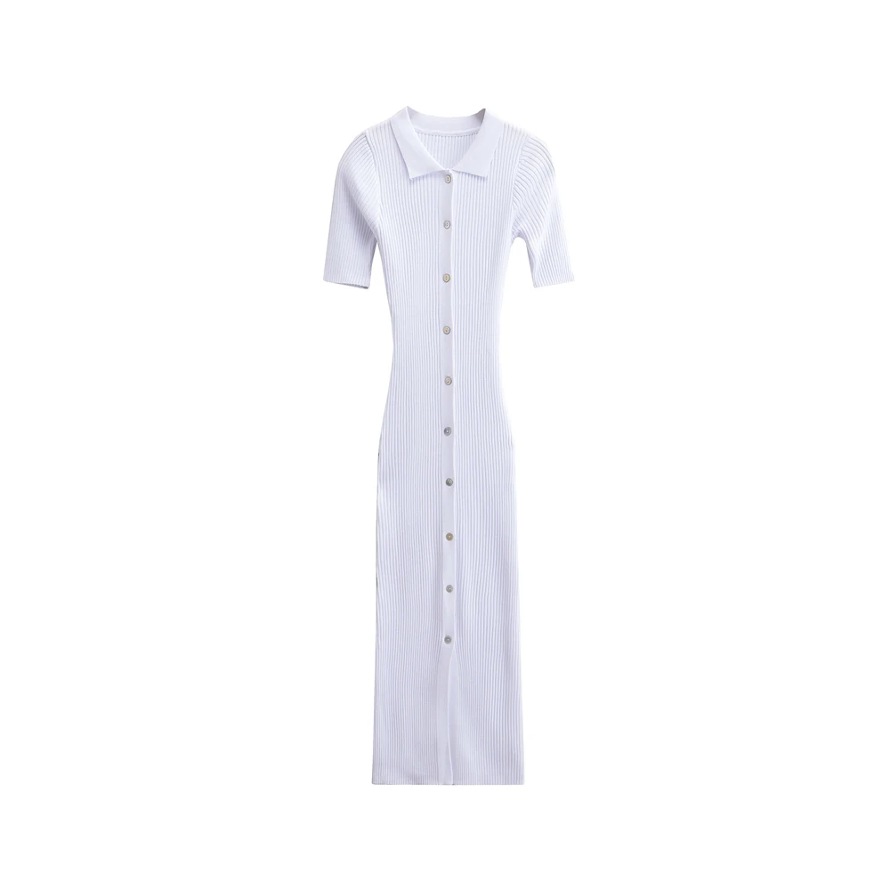 Description Picture 5 of itemTRZA-Ribbed Knit Midi Dress with Buttons for Women, Polo Collar, Short Sleeve, Female Dresses, Chic Fashion