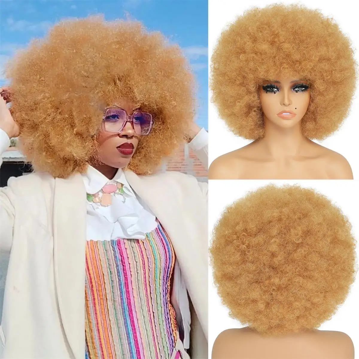 

Yellow 10 Inch Afro Kinky Curly Synthetic Wigs 70s 80s Wigs Large Bouncy And Soft Natural Looking Full Puff Wigs For Part