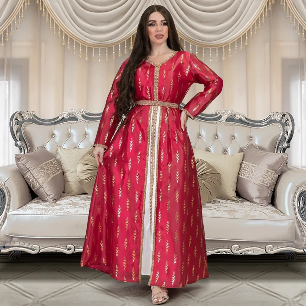 Muslim Dress For Prom Dubai Fake 2 Pieces Long Dress Fashion Apparel Coloring Gold Stamping Saudi Arabia Abaya Robe V-neck