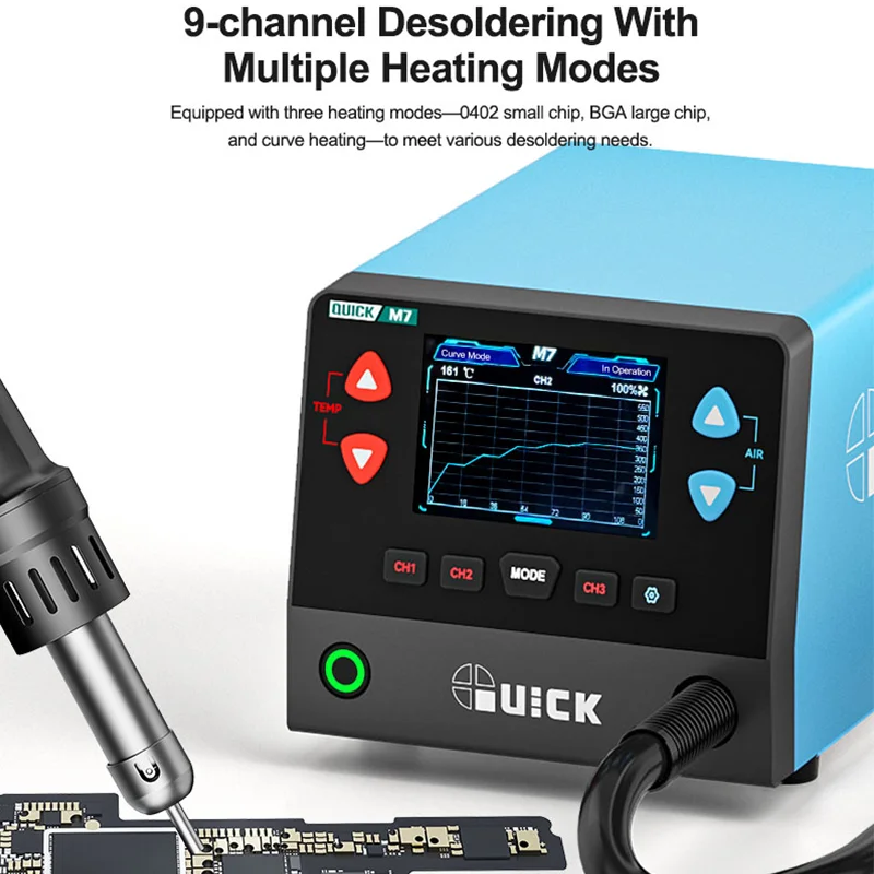 QUICK M7 스마트 무연 납땜 스테이션, 1000W 고출력, 9채널 디솔더링, TFT 컬러 디스플레이, BGA 및 SMD 수리용