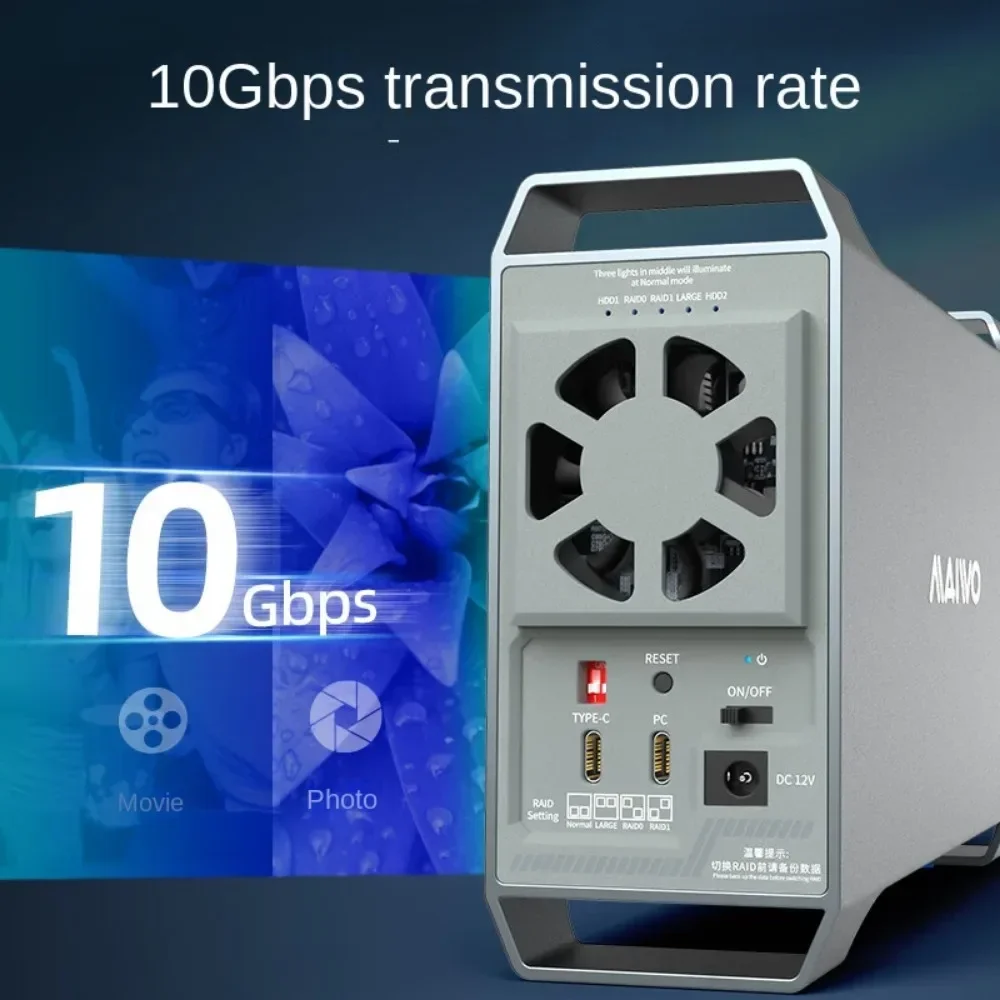 MAIWO 외장형 하드 드라이브 인클로저, 10Gbps 듀얼 베이, 2.5 인치, 3.5 인치 HDD용 지능형 온도 제어, 4 RAID 포함, 3.5 인치
