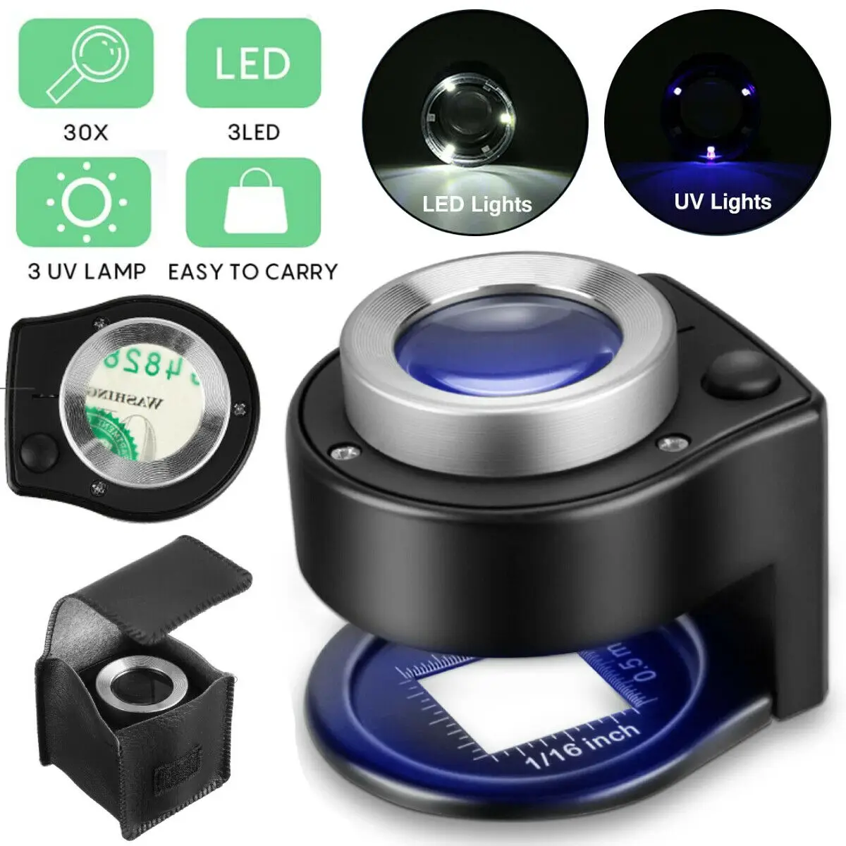 

30X Magnifying Glass with UV Light Jewelry Loop with LED Light Coin Magnifier Eye Loupe Stand Hand-free Table Magnifier