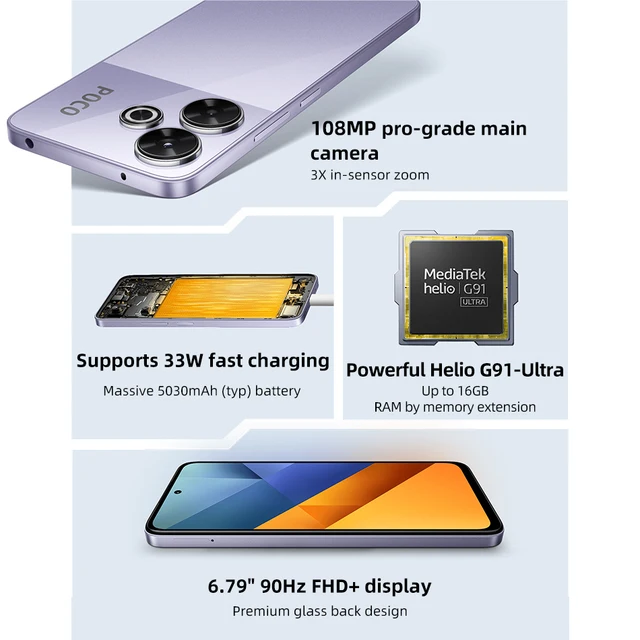 Global Version POCO M6 NFC Cellphone 128GB/256GB 108MP Main Camera 5030mAh 33W Fast Charging 6.79" 90Hz Display Xiaomi HyperOS 2