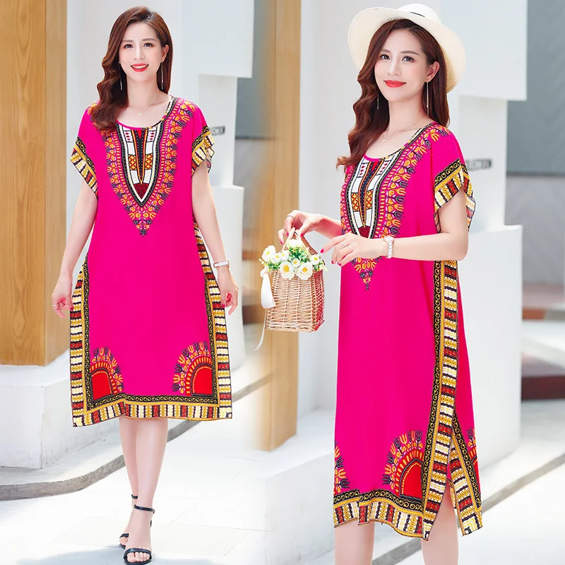 

2022 Women Summer Cottonsilk Derss Printed Mid-Length Dolman Sleeves Loose Beach Dresses Elegant Hem Slit Female Clothes JH653